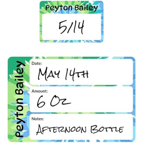 Name Bubbles - Reusable Baby Bottle Labels for Daycare (20 Labels) - Kids Washable Name Tags for Bottles, Sippy Cups, & Snack Containers, Waterproof, Baby Name Stickers, Write-On (Tie-Dye Art)