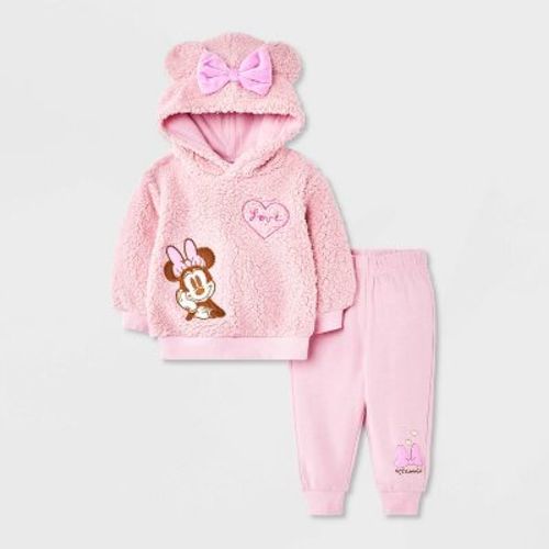 Baby Girls' 2pc Disney Minnie Mouse Cozy Fleece Hooded Sweatshirt and Pants Set - Pink 0-3M