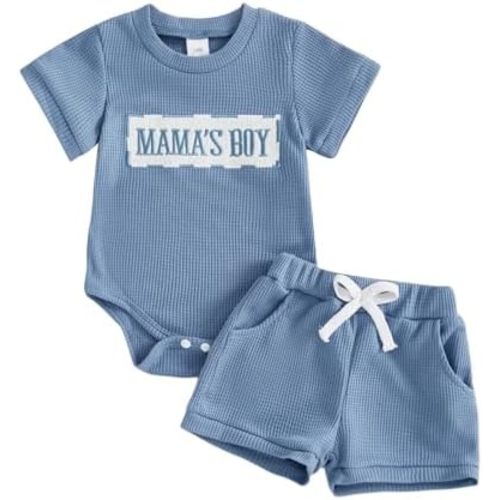 Douhoow Baby Boy Summer Outfits Short Sleeve Mamas Boy Little Dude Embroidery Boy Romper Shorts Set Infant Waffle Clothes