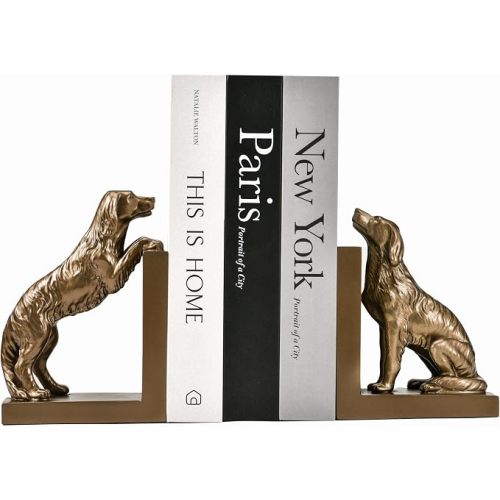 1 Pair Dog Bookends for Shelves, Vintage Resin Bookends for Heavy Books, Home Office Desk Decor, Golden Retriever Book Ends (Gold Dog)