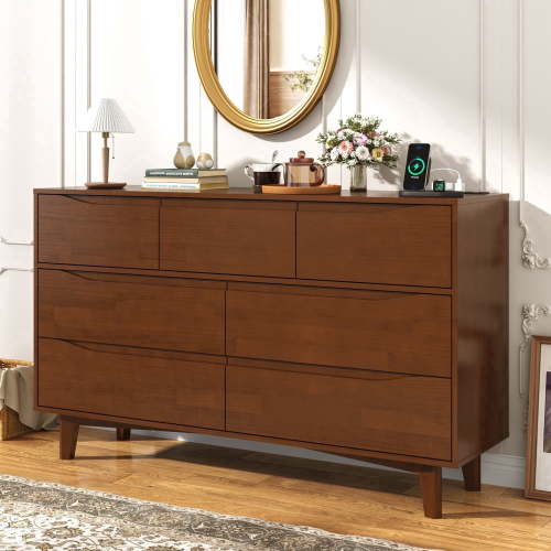 55" Solid Wood 7-Drawer Dresser with Power Outlet & USB Ports, Mid-Century Modern Pine Wood Chest of Drawers, Large Storage Cabinet for Bedroom/Living Room/Hallway, Brown