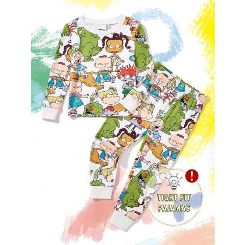Nick 90s | SHEIN Young Boy 2pcs Cartoon & Dinosaur Print Long Sleeve T-Shirt And Trousers Snug Fit Pajama Set | SHEIN USA