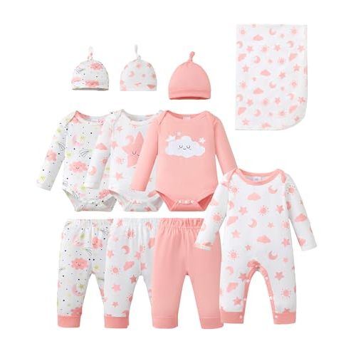 Renotemy Baby Girl Newborn Essentials Clothes 11-Piece Layette Set with Bodysuits, Pants, Hats, Blanket-Infant Gift Outfits