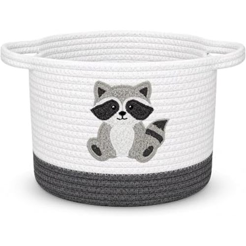 Cotton Rope Storage Basket, Cute Basket Raccoon Gifts Baskets Empty - Soft Round Storage Bin for Kids Toy, Baby Shower, Nursery & Shelves, Bathroom (7.5"x9.5")