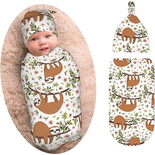 Cute Sloth Newborn Swaddle Blanket and Hat Set Boy Girl, Soft Stretchy Baby Receiving Blanket Sleep Sack for Infants Gift