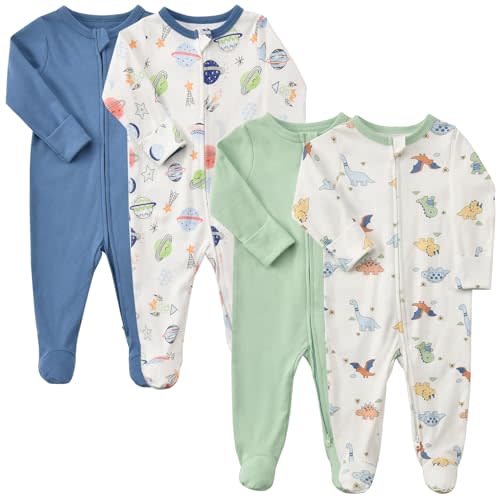 Aablexema Baby Footed Sleepers Double Zipper Pjs for Boys Girls | 4-Pack Soft Cotton Baby Footie Pajamas with Mitten Cuffs, Tagless Infant Long Sleeve One Piece Sleep Play