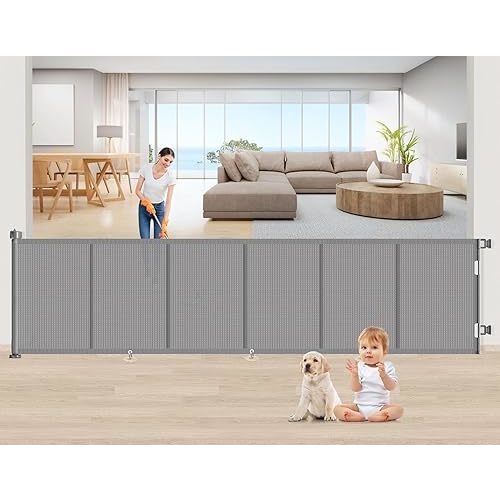 Upgrade 150 inch Retractable Baby Gates, EZIGO Extra Wide Baby Gate for Large Opening Extra Long Mesh Gate for Kids or Pet Dog Gate Child Safety Gate for Stairs Hallways Doorway Indoor Outdoor, Gray