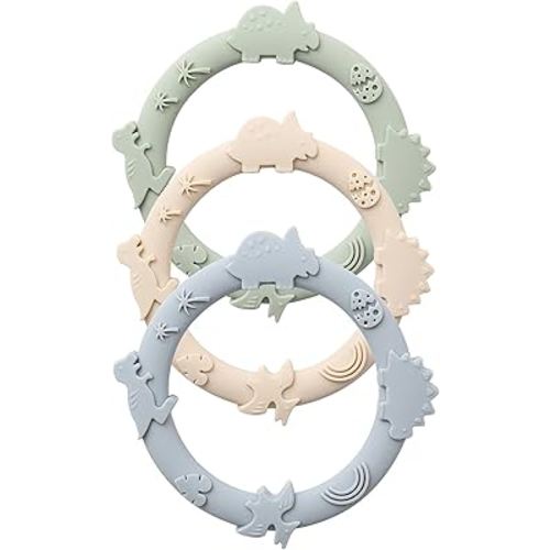 Silicone Teethers for Babies 0-6 6-12 Months Teething Toys for Infants Baby Chew Toys for Sucking Needs Baby Teething Rings for Infant Boys and Girls 3 Pack-Dinosaur-Blue