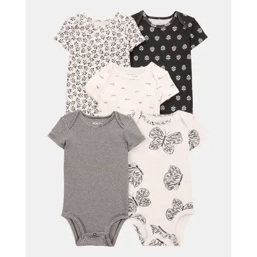 Baby Girl 5-Pack Striped Butterfly Short-Sleeve Cotton Bodysuits - Black/White | Carter's