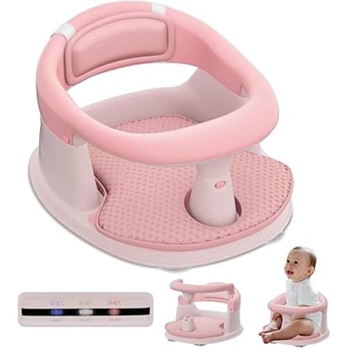 Baby Bath Seat-for Babies 6 Months & up with Temperature Alert+Soft Cushion+Suction, Toddler Bath Seat for Baby, Sitting Up with Baby Bathtub Seat, Pink