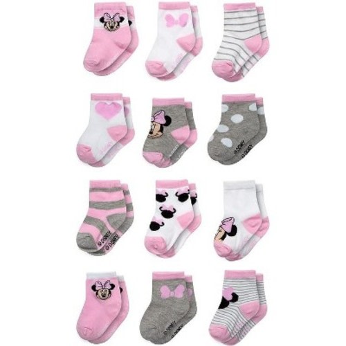 Disney Baby Girl 12 Pack Socks, Newborn Essentials for Girls (0-24M), Color: Minnie mouse pink/heather grey, Size: 6-12 months