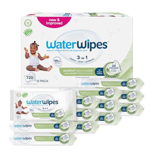 WaterWipes Sensitive+ Baby & Toddler Wipes, 3-In-1 Cleans, Cares, Protects, 99.9% Water, Textured Clean, Unscented & Hypoallergenic, 720 Count (12 Packs)