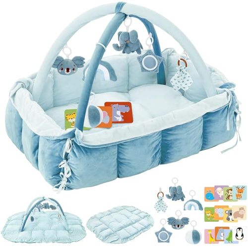 5-in-1 Plush Baby Play Gym, Baby Play Mats, Convertible Baby Gym, Tummy time mat, 6 Sensory Toys, Activity Center, Ball Pit, Light Pink