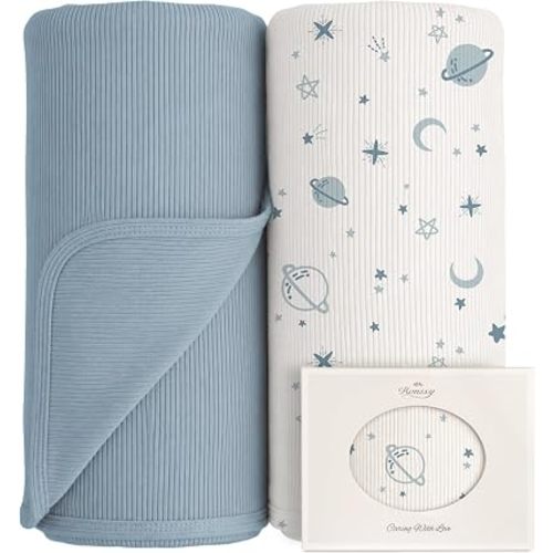 Konssy 2 Pack Ribbed Knit Swaddle Blankets for Baby Boys & Girls, 33"x42"