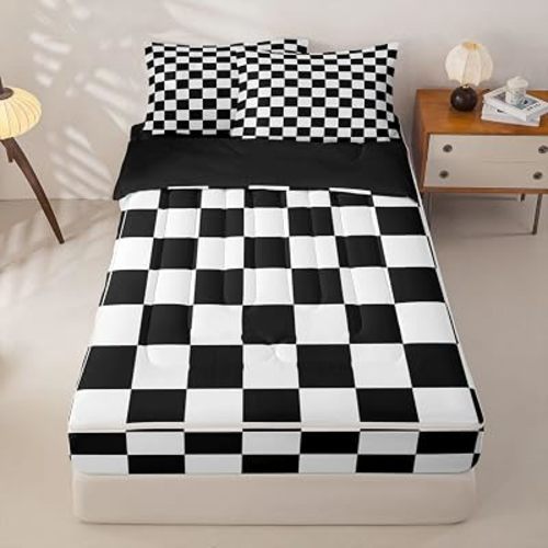 Erosebridal Checkered Zipper Bedding Twin for Kids Black White Plaid Gingham Zip Up Bedding Sets for Boys Checkerboard Grids Comforter Set Geometric Preppy 3 Pcs Bed in a Bag Set
