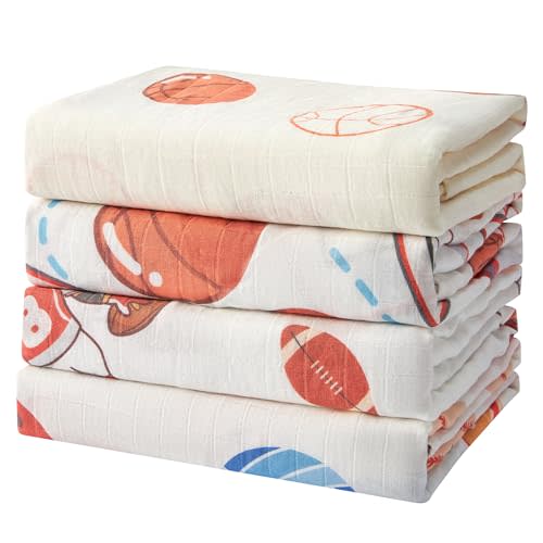 IBESTOPIA 70% Rayon Made from Bamboo 30% Cotton Muslin Swaddle Blanket, 47 x 47 Inches, Basketball Print Baby Receiving Blanket, Soft and Breathable, Unisex, 4 Pack