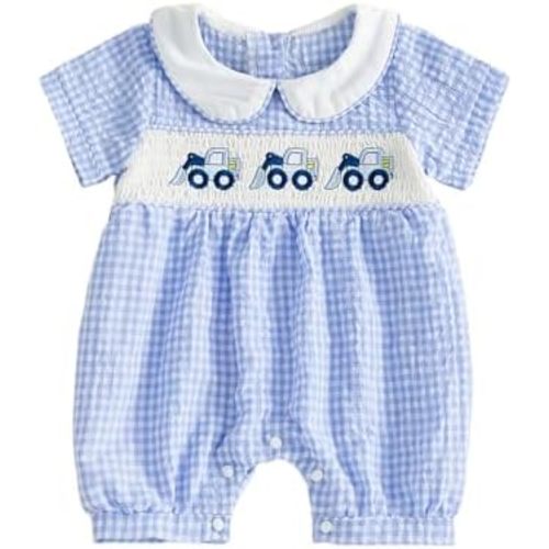 Baby Boy Short Sleeve Jumpsuit Collared Excavator/Animals Smocked Gingham Romper One Piece Clothes
