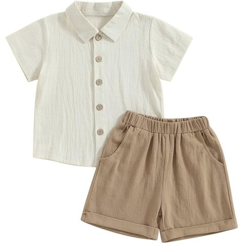 Toddler Baby Boy Summer Outfit Cotton Linen Short Sleeve Button Down Shirt Elastic Waist Shorts 2Pcs Casual Clothes