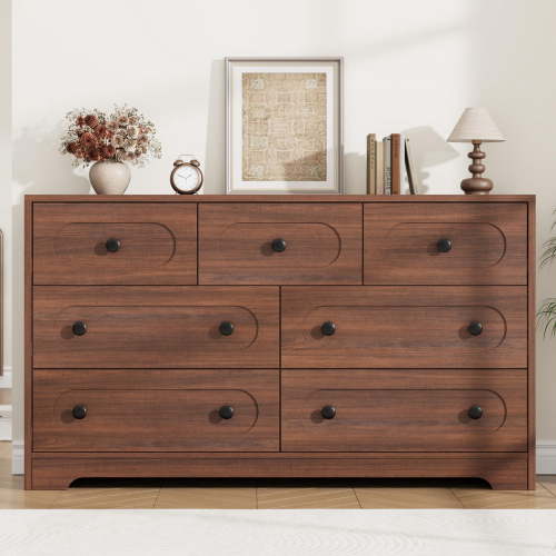 Kicctian 55" Wide Wooden Dresser with 7 Deep Drawers, Metal Knobs, Ample Storage Dressers for Bedroom, Living Room, Hallway - Walnut Color