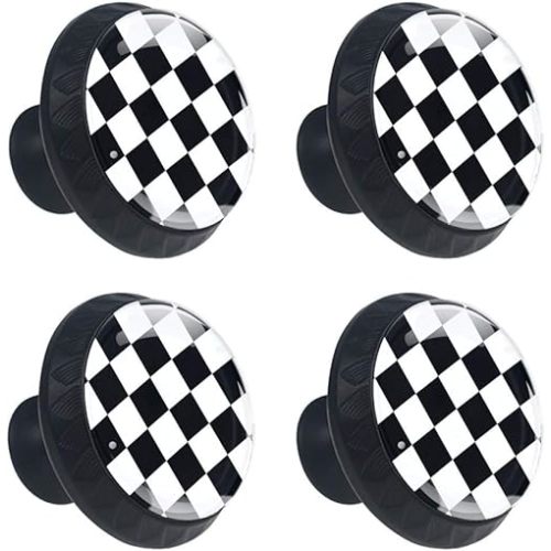 4 Pcs 35mm Cabinet Knobs Black and White Checkered Round Furniture Drawer Handles Dresser Cupboard Pulls with Screws for Home, Kitchen, Bathroom (1-3/8 Inches)