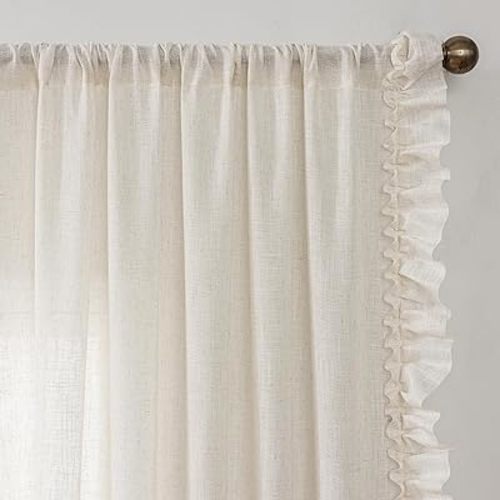 TERLYEX Ruffle Curtains 72 Inch Length 2 Panels, 58 x 72 Inch, Natural Linen Textured Ruffled Window Curtain Panel Set Rod Pocket Privacy Cottage Drapes Light Filtering Semi-Sheer Flowy Curtains