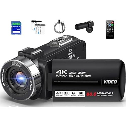 Camcorder Video Camera 4K HD 80MP Vlogging Camera for YouTube IR Night Vision Camera 18X Digital Zoom 3.0 IPS Screen Video Recorder with 32GB SD Card, 2 Batteries, Remote Control