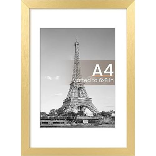 upsimples A4 Picture Frame, Display Pictures 6x8 with Mat or 8.3 x 11.7 Without, Wall Hanging Photo Frames, Gold, 1 Pack