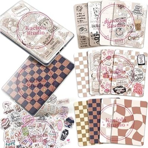 Kaciola 12PCS Inserts Cardstock Paper for E-Reader, and 50PCS Scrapbook Stickers for Clear Case, 6.9"x4.8" Coffee Theme E-Reader Back Cover Insert Decorating Accessories for Paper White 11th-12th