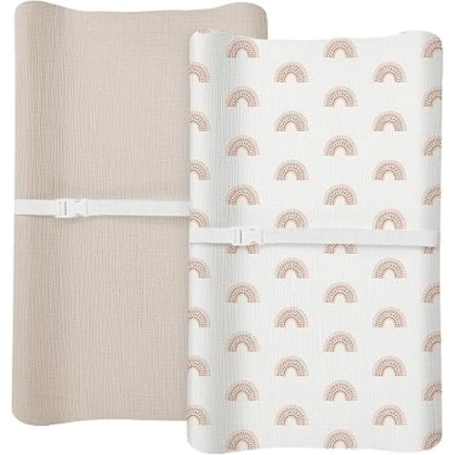 Changing Pad Cover for Baby Boy Girl 2 Pack, Muslin Changing Table Pad Covers with Boho Style, Neutral Nursery Bedding Essentials Soft and Breathable(Beige & Rainbow)