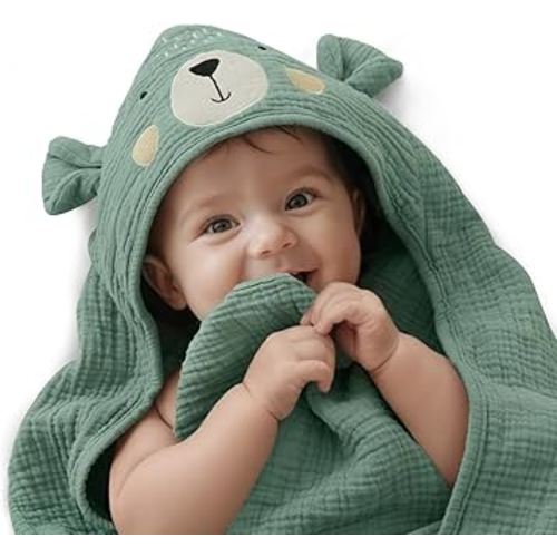 Blissful Diary Muslin Baby Hooded Towel, Soft and Absorbent Bath Towel for Newborn, Infant, Toddler, Unisex, 32″x32″ - Smart Bear