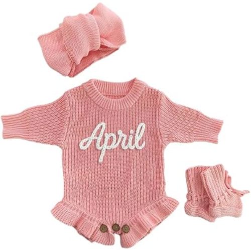 Personalized Embroidered Name Baby Romper Set, Newborn Coming Home Outfit, Cotton Knit Long Sleeve Sweater Romper, Gender Neutral Gift Pink