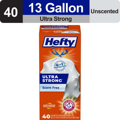 Hefty 13 Gallon Ultra Strong Tall Kitchen Trash Bags, Unscented, Garbage, 40 Count, Odor Free