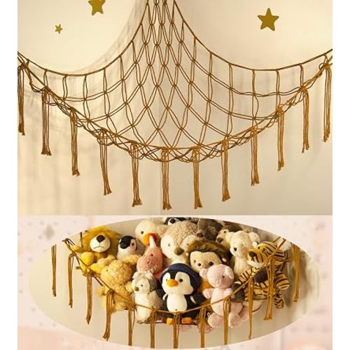 Stuffed Animal Hammock-Large Stuffed Animal Net For Toys Corner-Hanging Stuff Animal Toy Storage Organizer For Plush Plushie Display Caramel Toy Storage Girl Room Bedroom Boho Nursery Decor