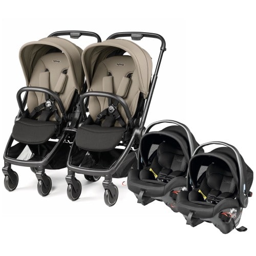 PEG City Loop Twin Stroller + Primo Viaggio Urban Mobility Baseless Infant Car Seat Travel System Bundle - Black / Vanilla Blend / True Black
