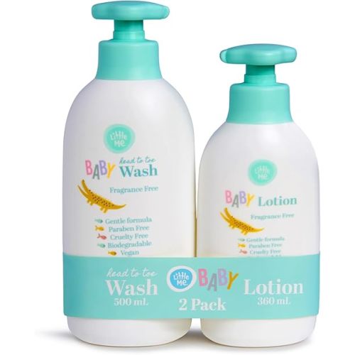 Little Me 2 Pack Set Baby Fragrance Free Head to Toe 500ml 3-In-1 Wash & 360ml Baby Lotion