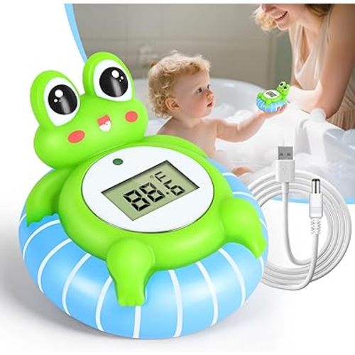 Rechargeable Baby Bath Thermometer with Soft Light & Backlit LCD Display, BPA-Free Bath Thermometer Baby Safety Temp Alarm, IP68 Waterproof Floating Bathtub Temperature Toy for Infant, Newborn