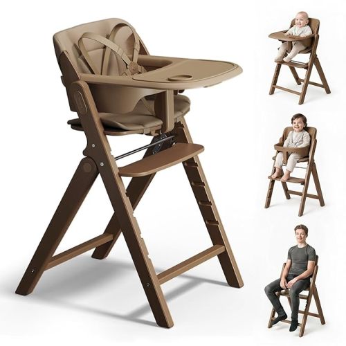 Mamazing GrowPod Pro Wooden Baby High Chair for 6 Months to 220lbs, Easy to Clean with Tray, Compact Foldable Highchair for Kitchen & Dining Room, with 5-Point Safety Harnesses and Guard Bar