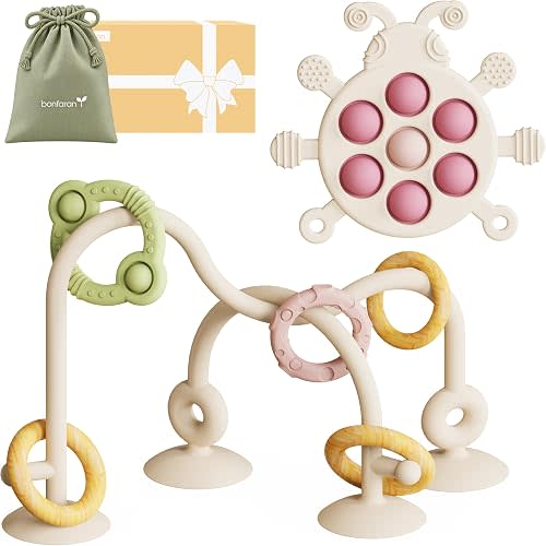 High Chair Suction Cup Toy & Teething Toy Set, Sensory Toy [Beige]