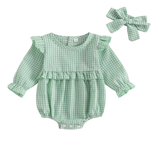 Karuedoo Newborn Baby Girl Clothes Gingham Plaid Bubble Romper Long Sleeve Ruffle Bodysuit with Headband Spring Fall Outfit