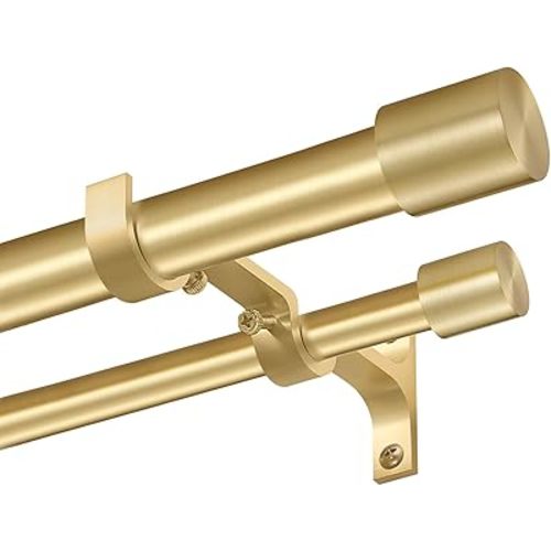 Double Curtain Rods for Windows 36-72", Brass Double Drapery Rod with Cap Finials, Adjustable 1 Inch Front and 5/8 Inch Back Dual Curtain Rod, Brass Double Rods Window Treatment Curtain Rods