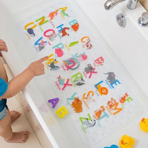 Bath Mats for Tub Kids,Baby Toddler - Large Cartoon Non-Slip Bathroom Bathtub Anti-Slip Shower Mats for Floor 35x15,Machine Washable XL Size Bathroom Mats (Alphabet)