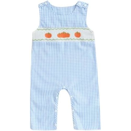Infant Baby Boy Halloween Pumpkin Plaid Jumpsuit Sleeveless Gingham Romper One Piece Strap Overalls Smocked Clothes