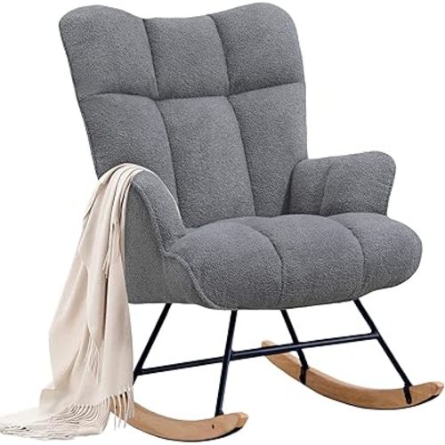 Rocking Chair Nursery Teddy Upholstered Glider Rocker Rocking Accent Chair Padded Seat with High Backrest Armchair Comfy Side Chair for Living Room Bedroom Offices (Dark Grey Teddy)
