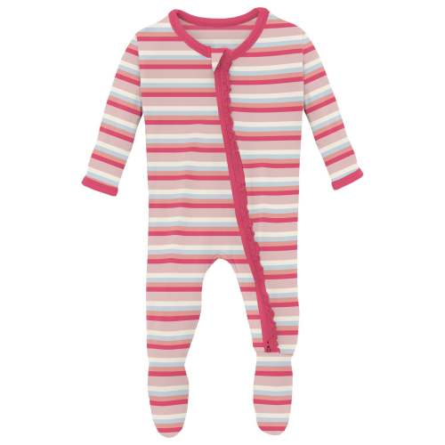 Print Muffin Ruffle Footie with 2 Way Zipper in Baby Rose Stripe