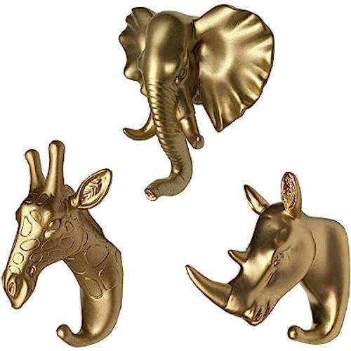 Set of 3 Elephant Head Giraffe Head and Rhino Head Wall Hooks / Hangers Animal Shaped Coat Hat Hooks (Gold)