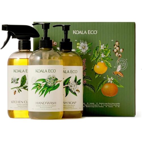 Koala Eco Gift Set of 3 Includes: Kitchen Cleaner, Dish Soap, Hand Wash, Beautifully Packaged - Australian Lemon Eucalyptus, Lemon Myrtle & Rosemary Essential Oil, 16 oz (3 Pack)