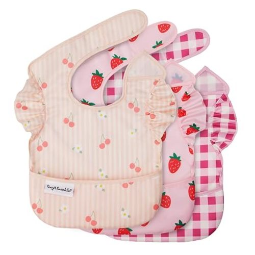 Tiny Twinkle Mess-Proof Baby Bibs for Eating | Waterproof, Wipeable Toddler Bibs with Catch-All Pocket | Feeding Bibs for Girls & Boys(3 Pack,Cherry Coquette,Strawberries,Raspberry Gingham)