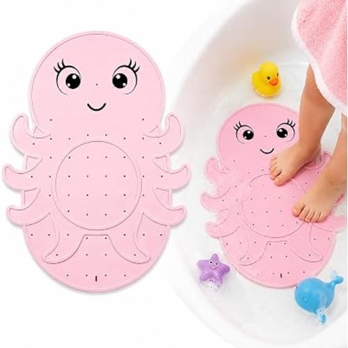 Kids Bathtub Mat Non Slip, Soft Silicone Octopus Baby Bath Mat for Tub, Toddler Bath Mat with Large Suction Cups, Washable Anti Slip Shower Mat for Children, Smooth Tub Surface Only