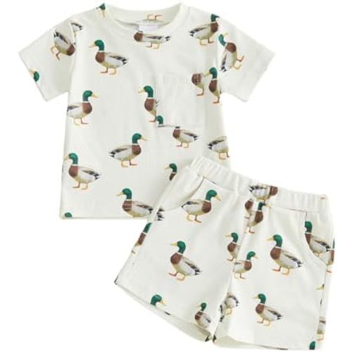 Sasaerucure Toddler Baby Boy Summer Outfit Duck Hunting Print Waffle Knit Short Sleeve Shirt and Shorts Two Piece Set