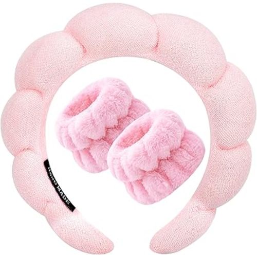 Zkptops Spa Headband for Washing Face Wristband Sponge Makeup Skincare Headband Terry Cloth Bubble Soft Get Ready Hairband for Women Girl Puffy Padded Headwear Non Slip Thick Hair Accessory(Pink)